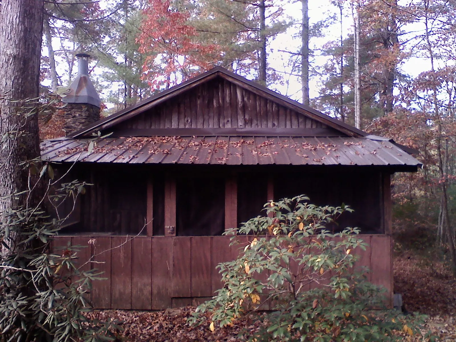 Metal roof over the screened porch of a rustic cabin in Shrewsbury